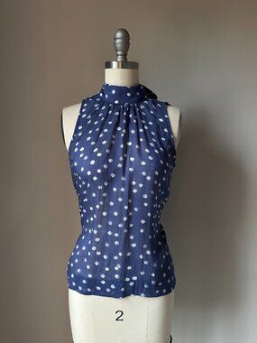 Bella Dahl Blue Polka Dot Tie Neck Tank XS | Lightweight Summer Blouse